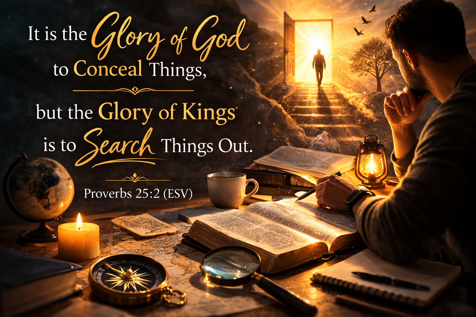 Man studying an open Bible by lantern light with a glowing doorway symbolizing the search for God’s hidden wisdom.