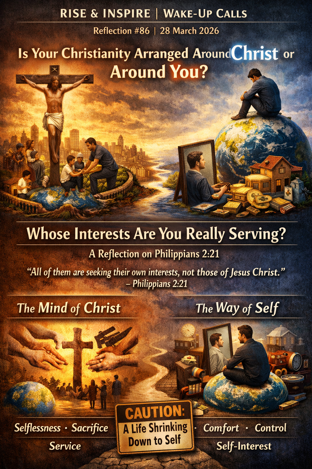 Artwork contrasting Christ’s sacrifice and self-focused life, illustrating Philippians 2:21 reflection