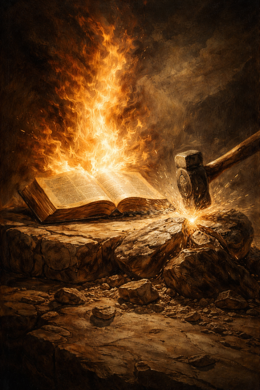 Open Bible burning with fire while a hammer breaks rock, symbolising Jeremiah 23:29 and the transforming power of God’s Word.