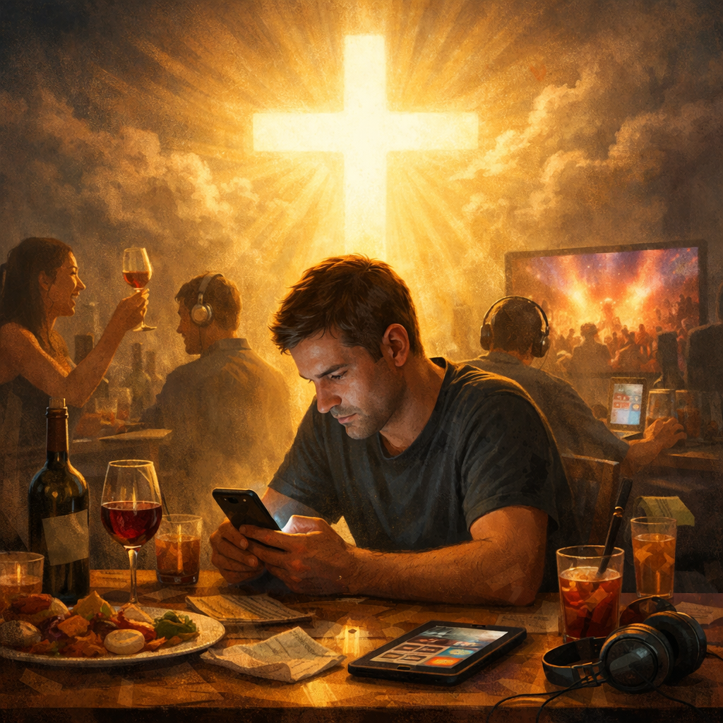 Person absorbed in modern pleasures while divine light behind them is ignored, symbolizing spiritual blindness.