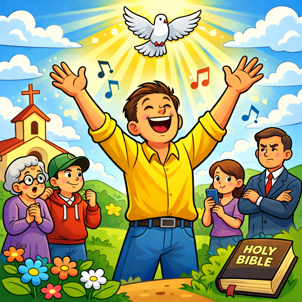 Cartoon man joyfully raising hands to praise God while others watch, with dove, sunlight, and open Bible.