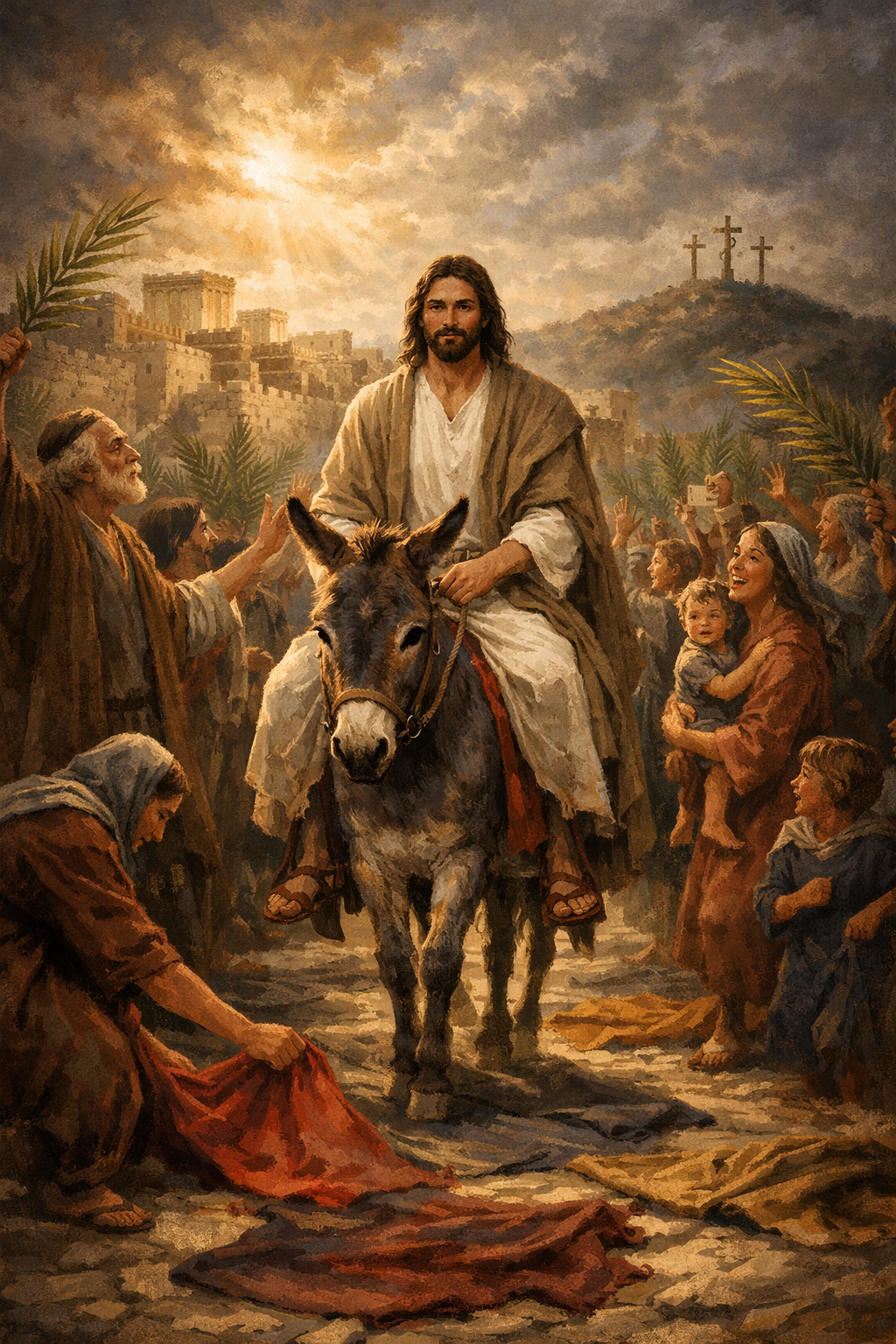 Jesus riding a donkey into Jerusalem, people waving palm branches and laying cloaks in celebration.