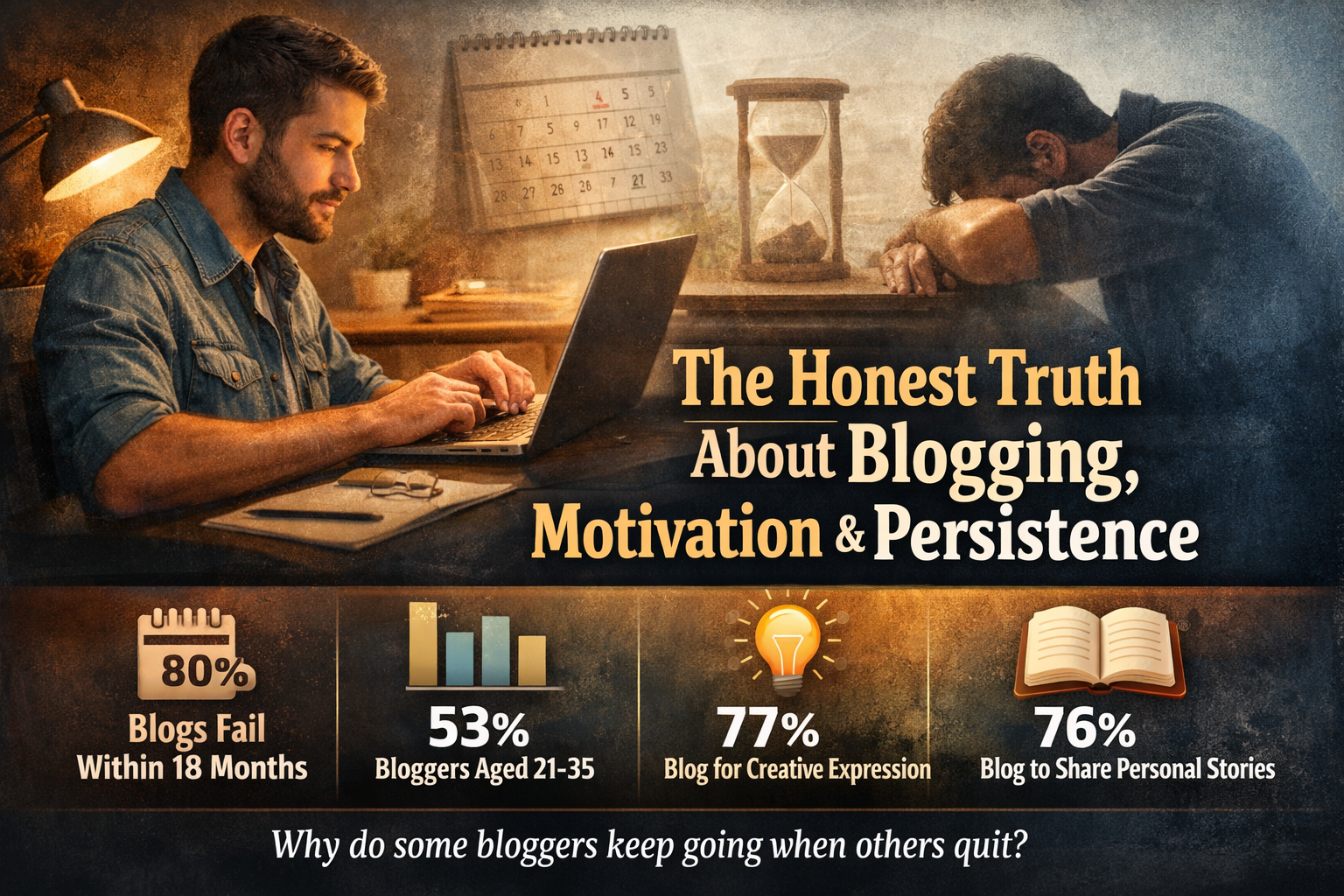 A blogger writing at desk with contrast of persistence and burnout, plus stats on blogging motivation and failure