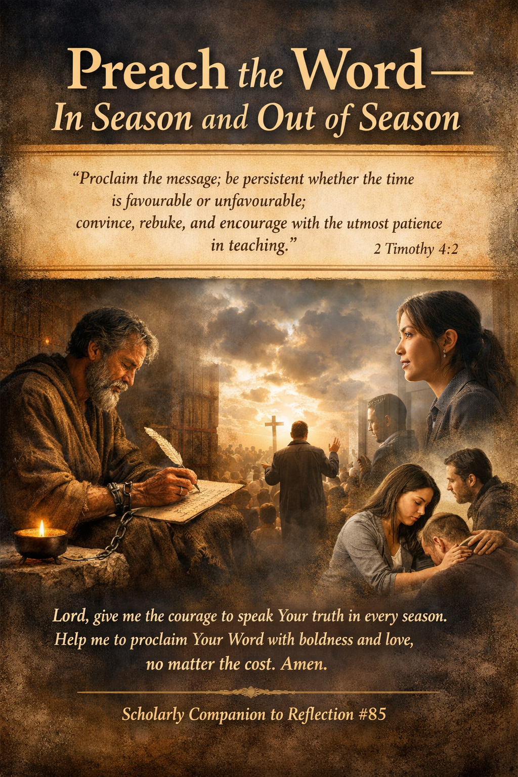 Illustration of Paul in prison, preaching scenes, and modern believers reflecting the 2 Timothy 4:2 message.