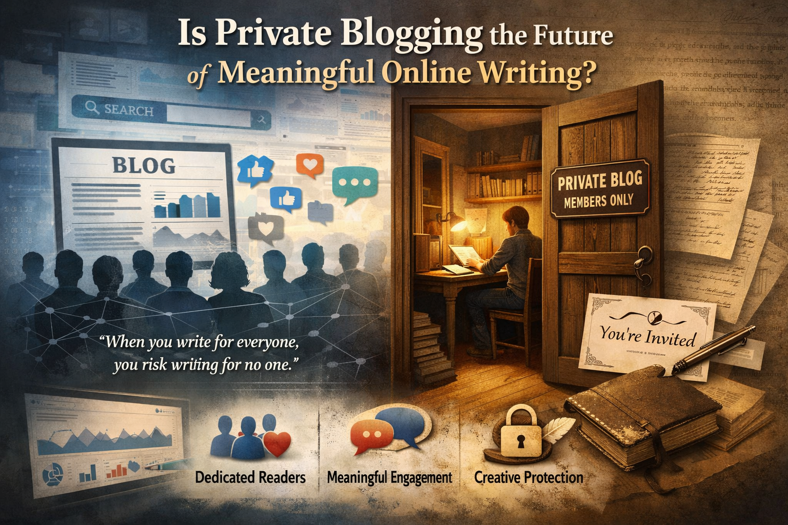 Illustration comparing public blogging with private blogging, highlighting focused readers and deeper engagement.