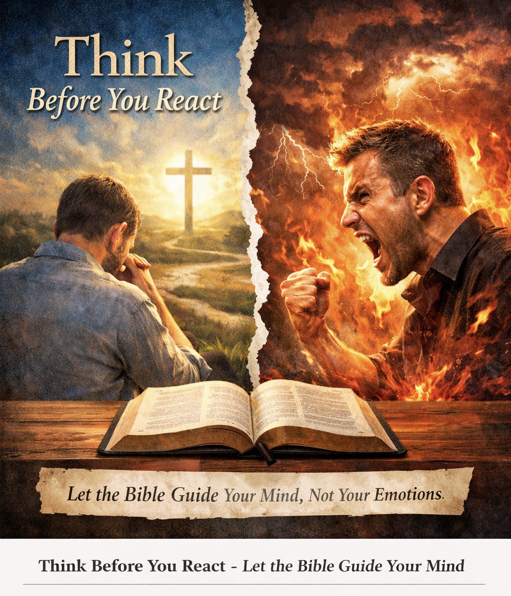 Split image of a praying man with a Bible and cross versus an angry man in flames, symbolizing choosing faith over reaction.