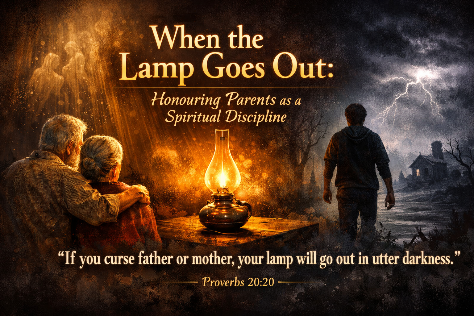 Illustration of parents in warm light, a glowing lamp, and a man walking into darkness, Proverbs 20:20 theme