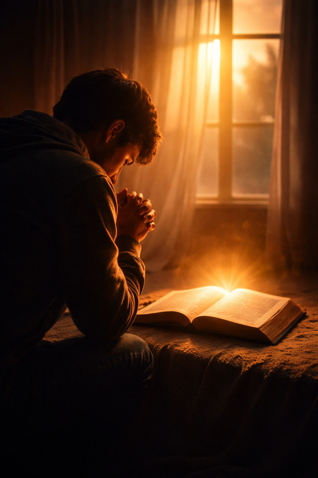 Person kneeling in prayer beside a glowing open Bible, symbolising hope and revival during deep affliction.