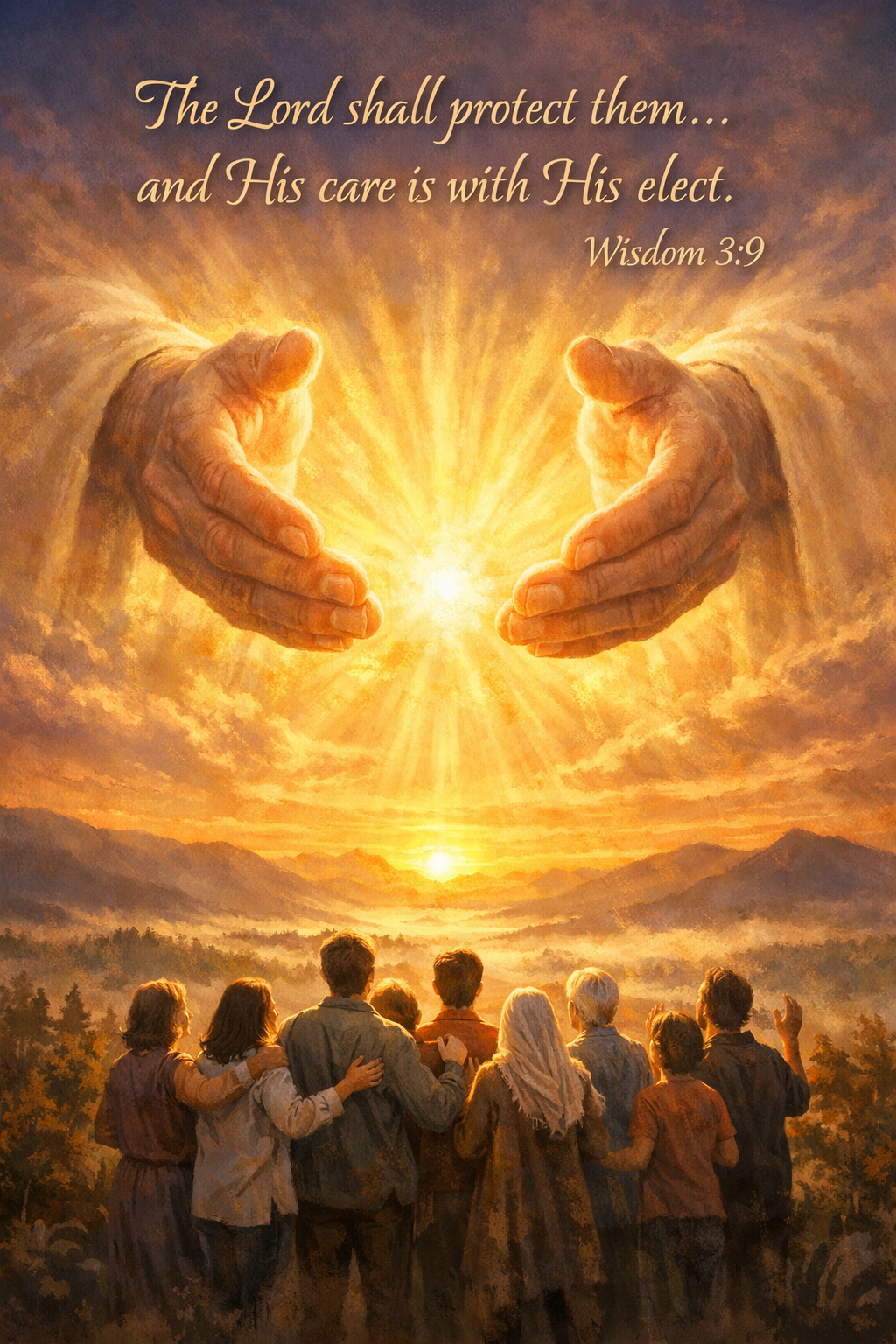 Illustration of God’s radiant hands protecting people at sunrise with the verse Wisdom 3:9 about divine care.