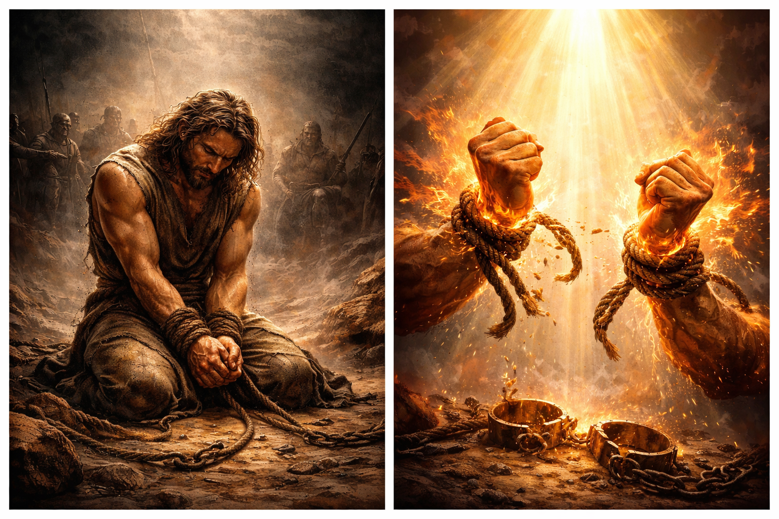 Samson kneeling with ropes on his arms while enemies stand nearby, representing spiritual bondage. Samson breaking burning ropes under divine light, chains falling to the ground.