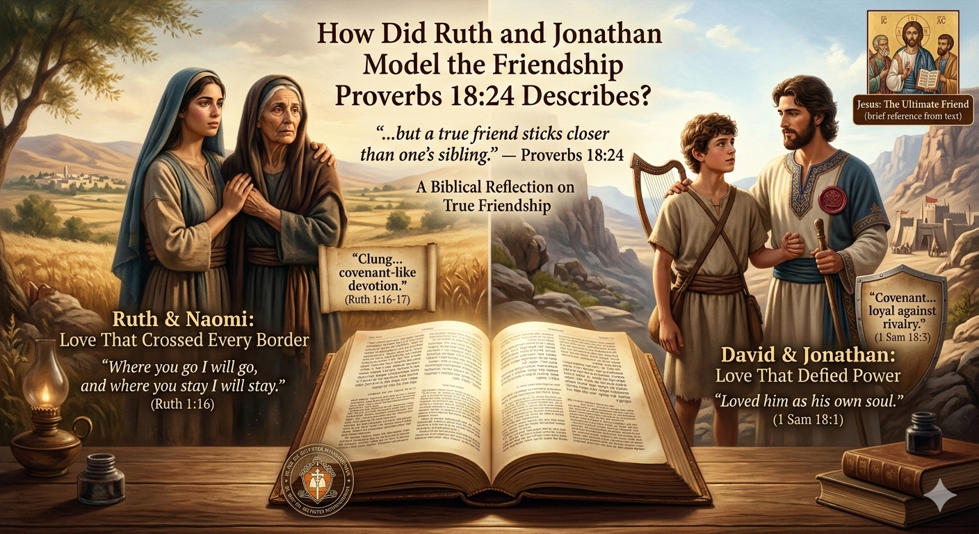Illustration of Ruth with Naomi and David with Jonathan beside an open Bible quoting Proverbs 18:24.