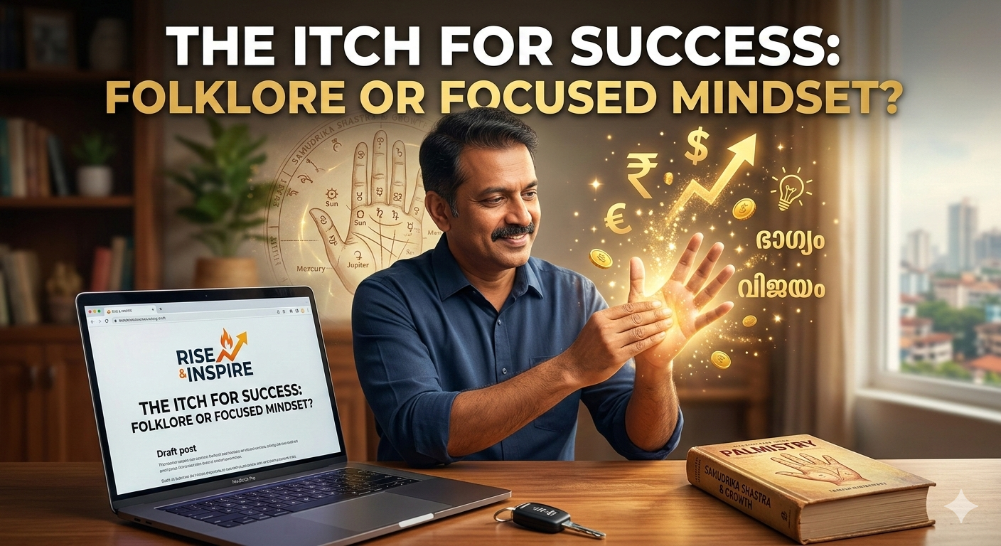 Man at desk with laptop showing Rise & Inspire, glowing hand with currency symbols and palmistry book nearby.