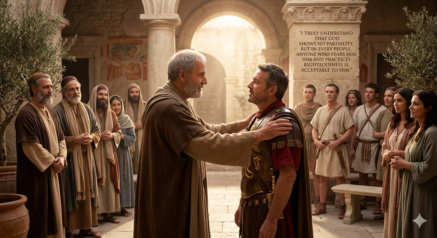 Peter greeting Roman centurion Cornelius as early Christians witness God’s impartial love in Acts 10:34.