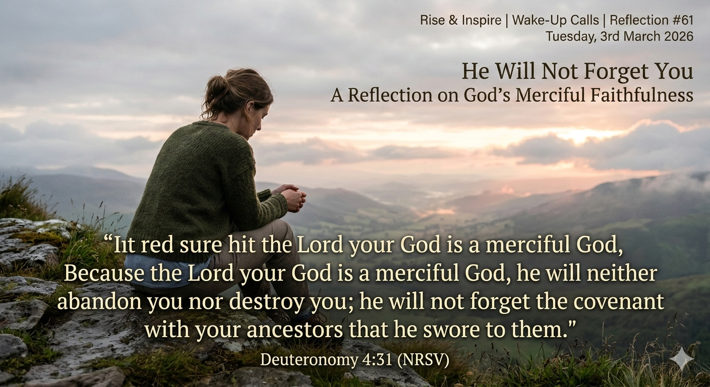 Woman praying on a hill at sunrise with Deuteronomy 4:31 about God’s mercy overlaid.