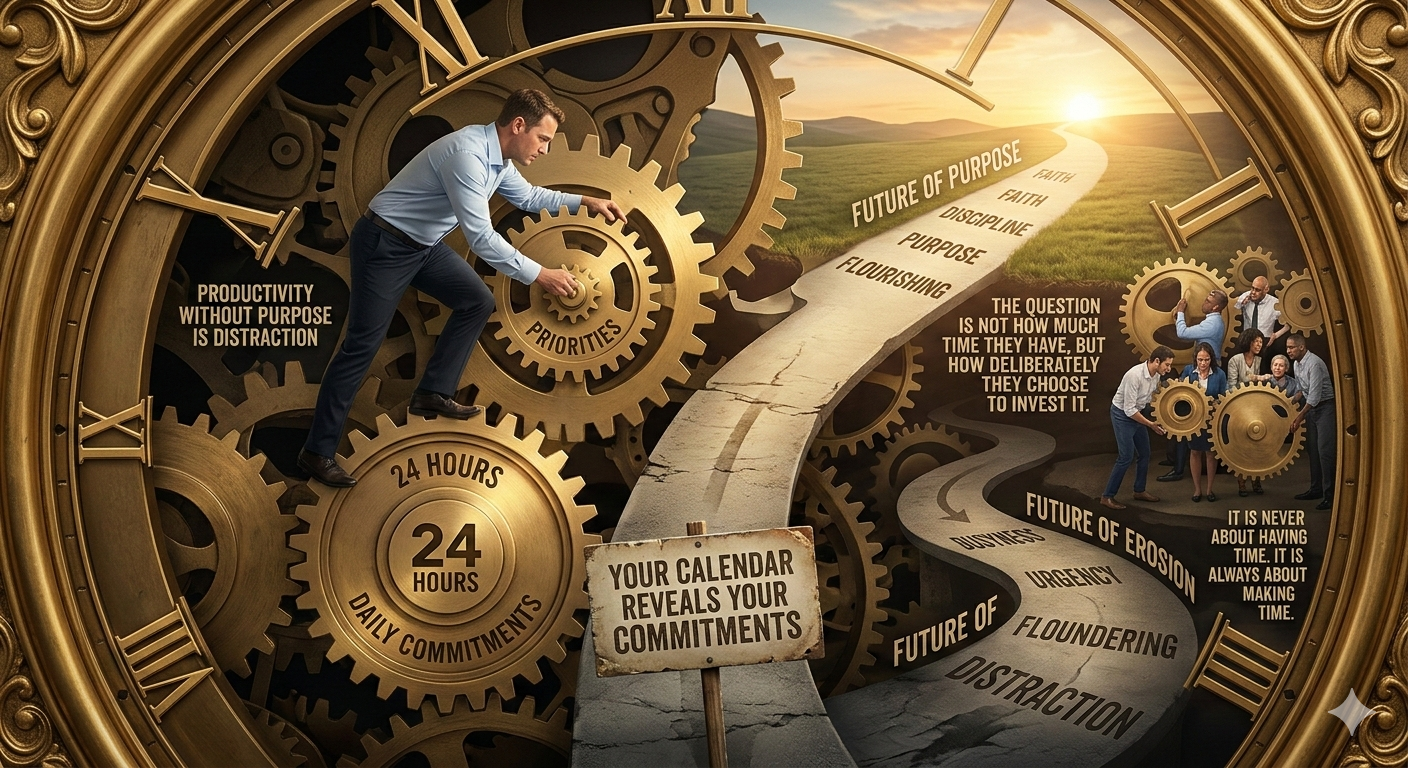 Man adjusting gears inside a giant clock symbolizing 24-hour priorities and focused productivity.