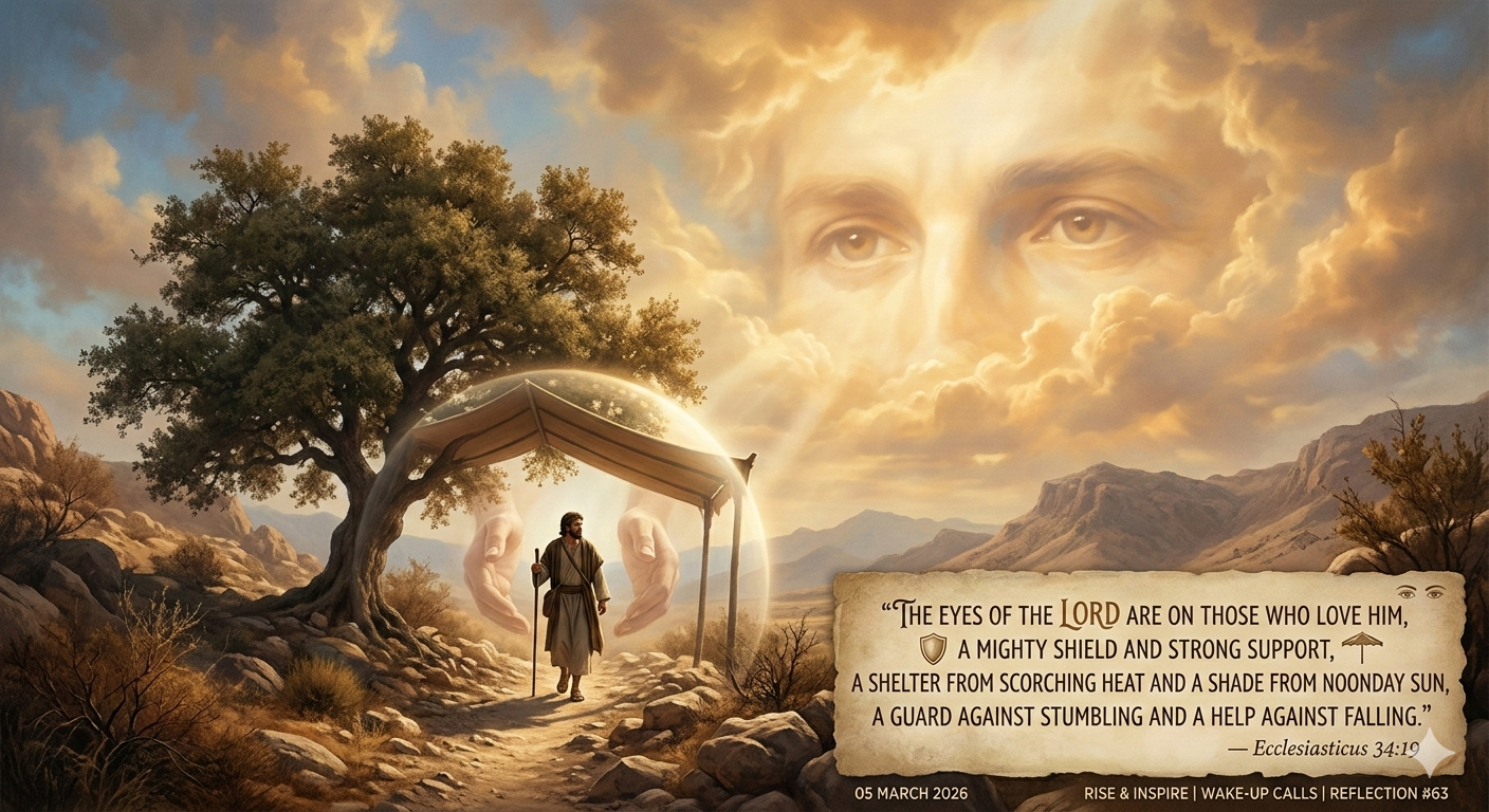 Biblical artwork of a traveler under God’s protective hands with Ecclesiasticus 34:19 about divine protection.