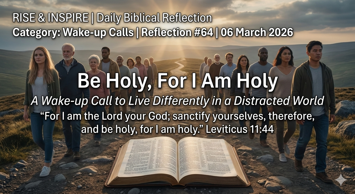 People walking toward an open Bible at sunrise symbolizing a call to holiness from Leviticus 11:44.