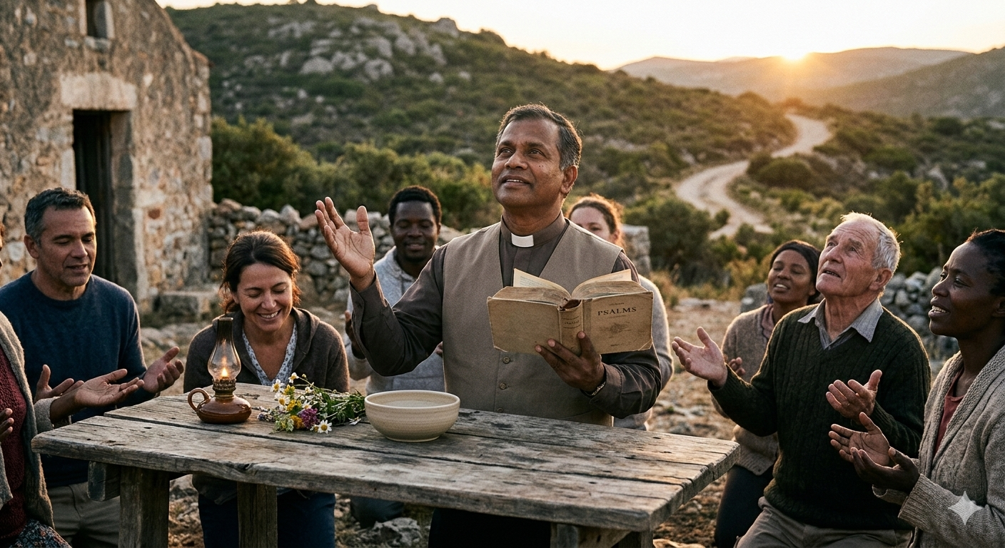 A clergyman in a vest holds an open Bible, leading a group of people in prayer outdoors at sunset.