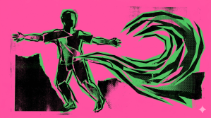 Green stylized human figure being pulled forward by a large, dynamic wave on a pink background.