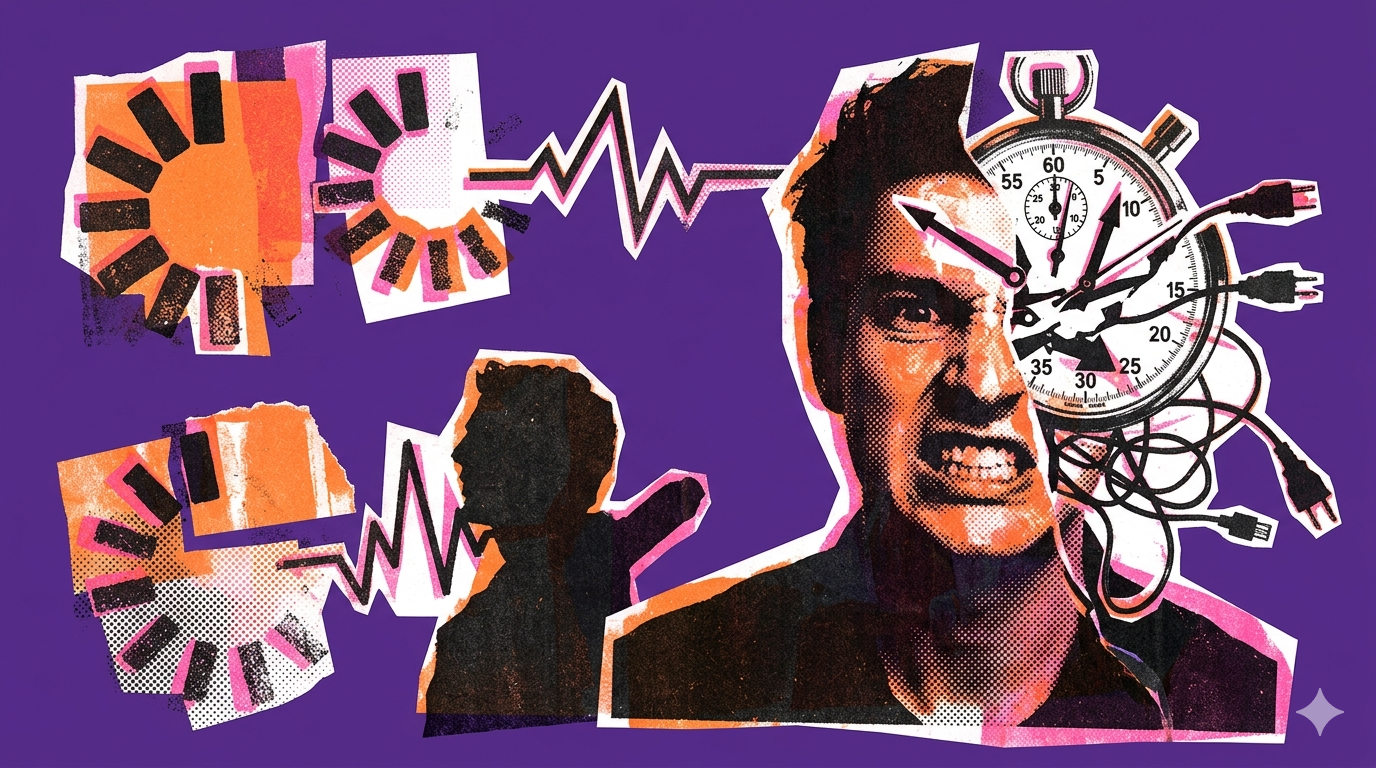Risograph collage of an angry man split with a stopwatch, loading icons, and wire tangles on purple.