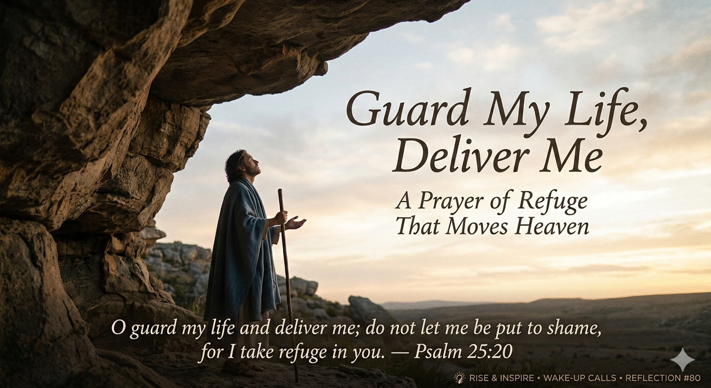 Figure in robe prays at dawn under rock. Text: "Guard my life". Based on Psalm 25:20.