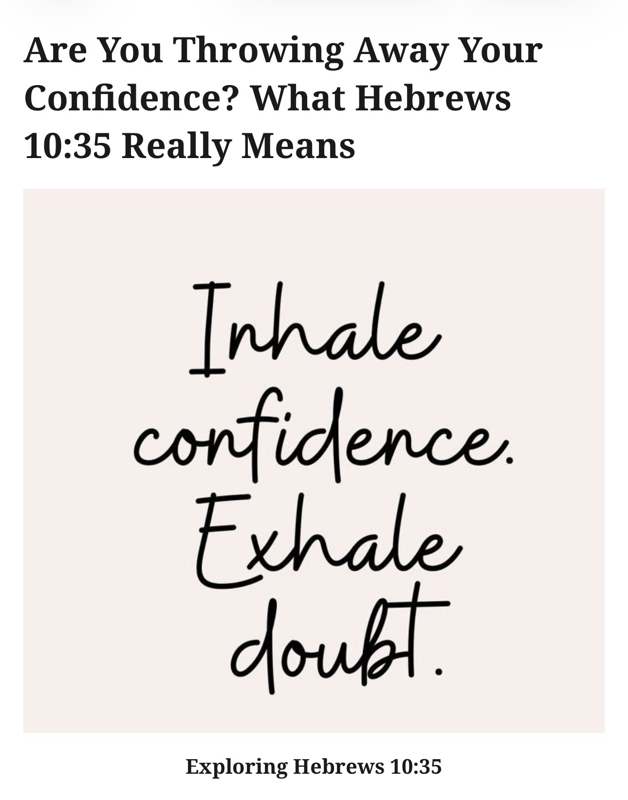 Text image reading “Inhale confidence, exhale doubt” with the theme of Hebrews 10:35 encouragement.
