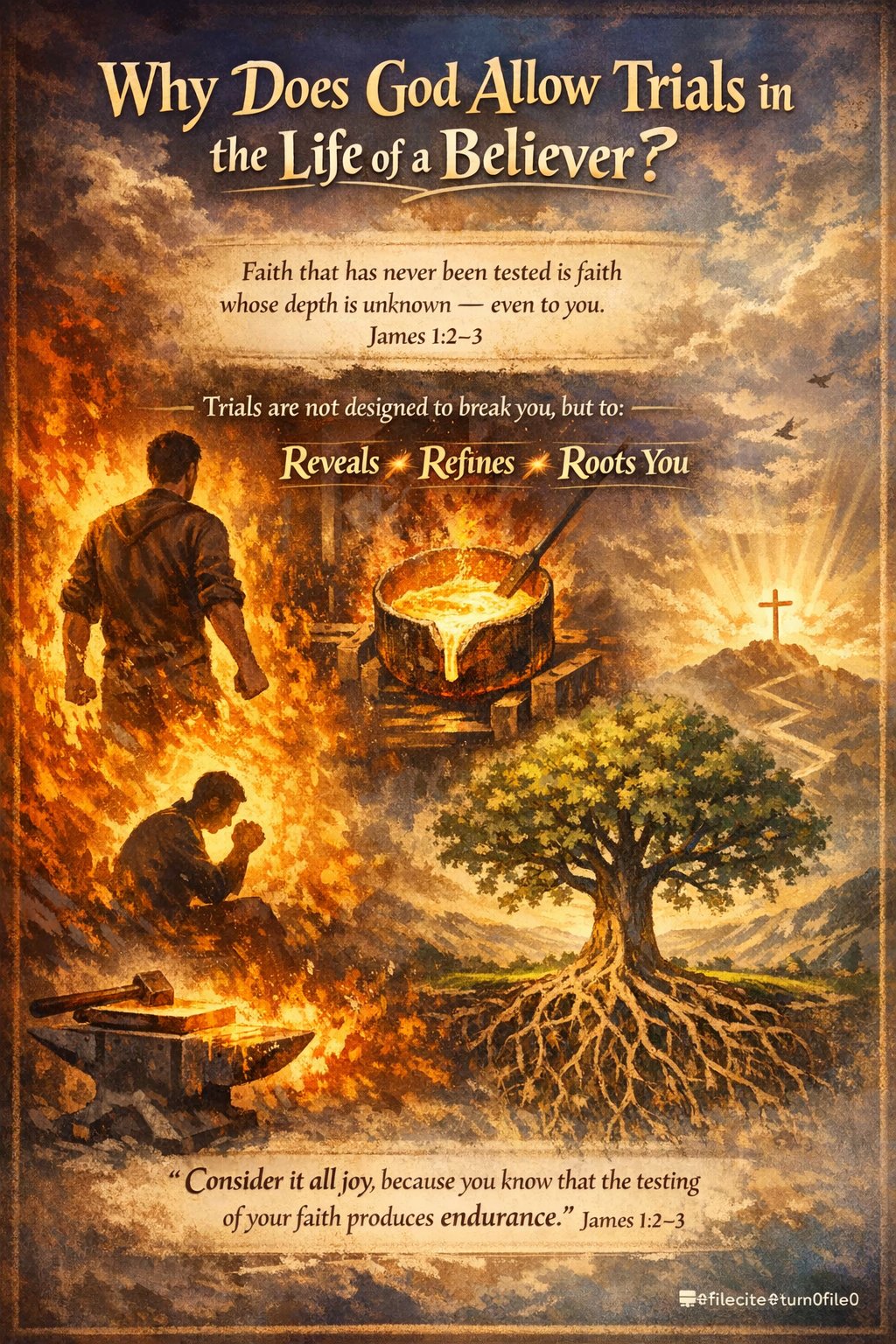 Believer in fire, refining gold, praying figure, rooted tree and cross symbolizing faith through trials