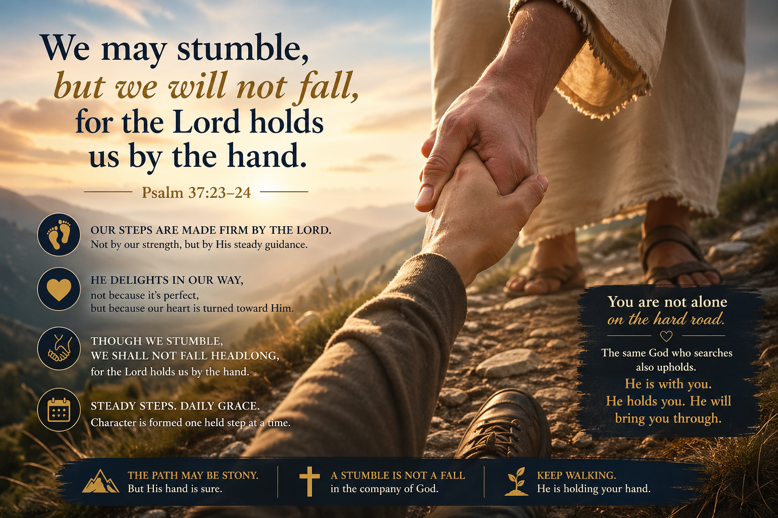 A helping hand lifts another on a rocky mountain path at sunrise, symbolising God guiding us through struggles.