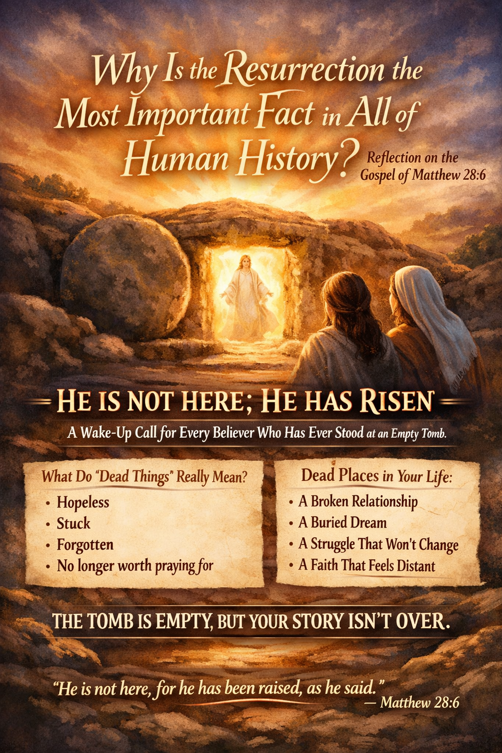 Risen Jesus at glowing empty tomb with two women, symbolizing hope and Matthew 28:6 resurrection