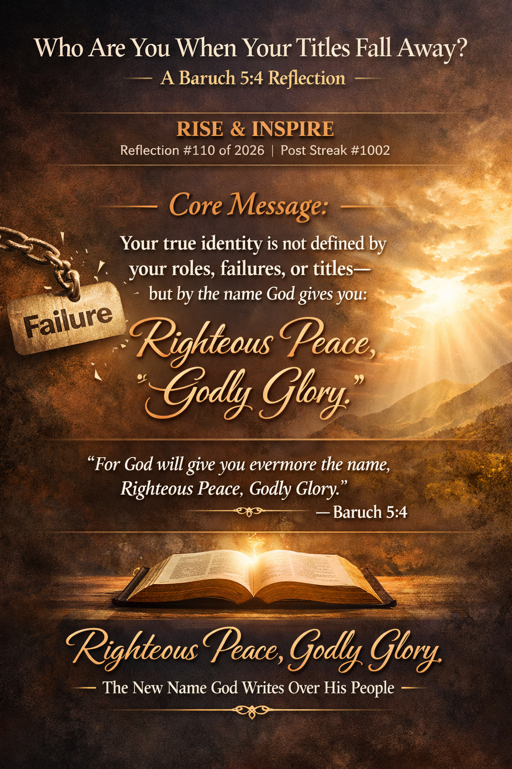 Inspirational Christian graphic with Bible verse Baruch 5:4 and message on identity beyond titles