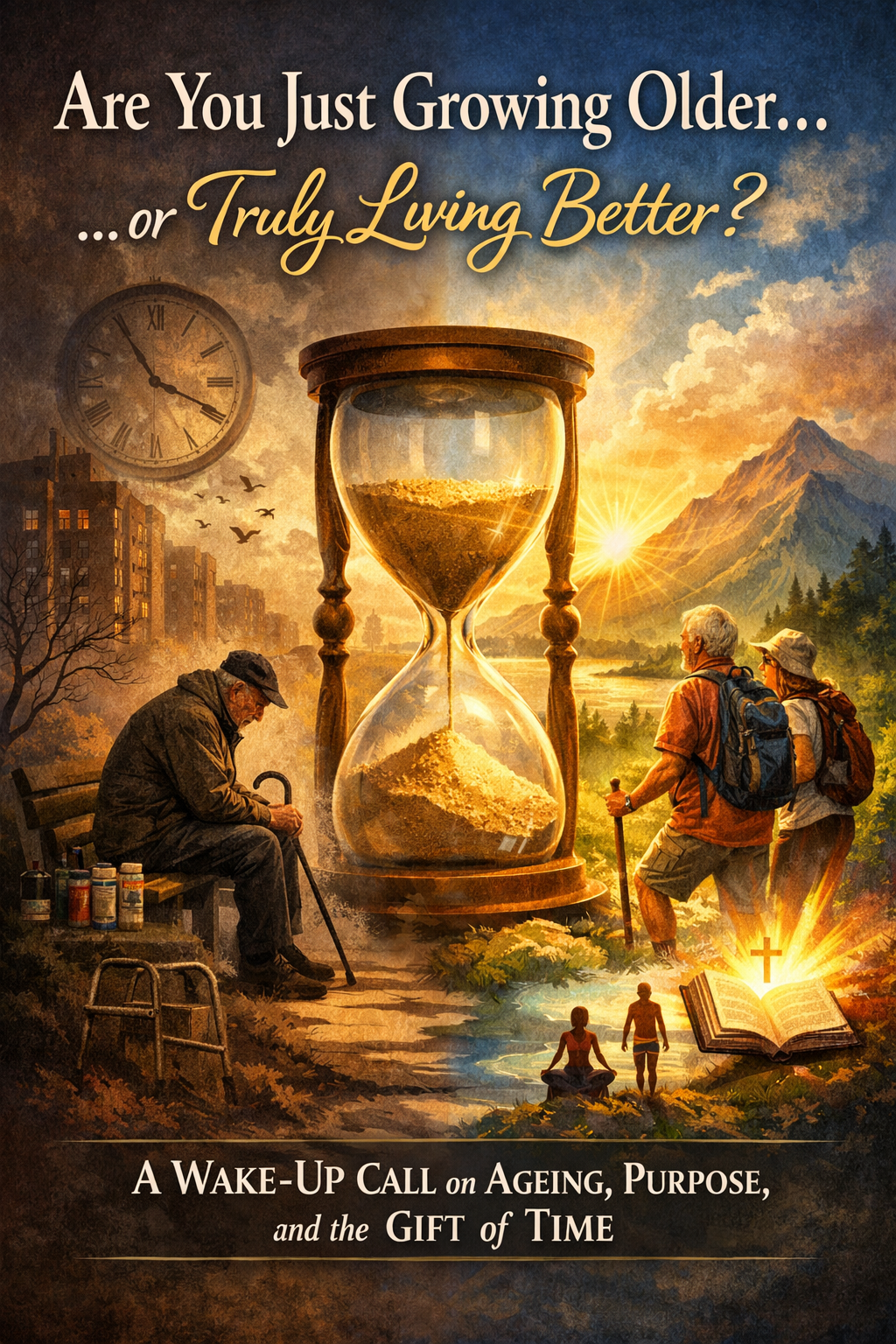 Illustration contrasting ageing: lonely elder vs active couple with hourglass, symbolising purpose and vitality