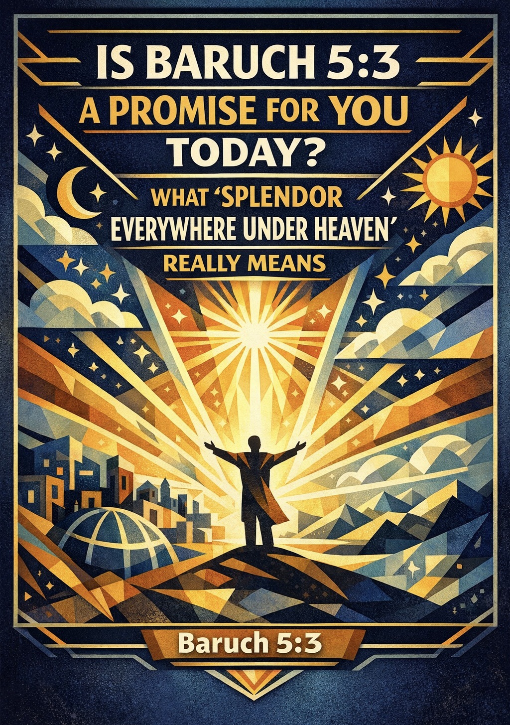 Geometric illustration of a figure in radiant light symbolizing Baruch 5:3 and God’s promise of splendour.