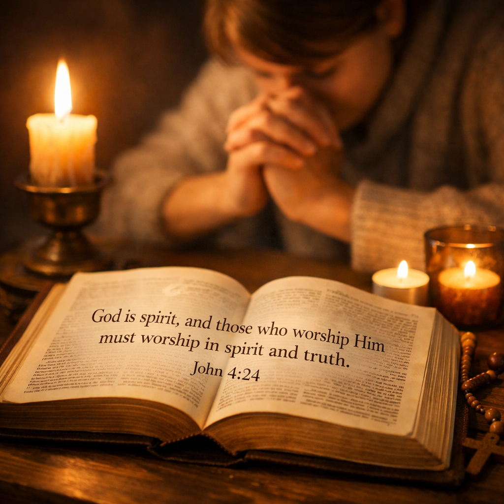 Open the Bible to John 4:24 with candlelight and a person praying, symbolising true worship in spirit and truth.