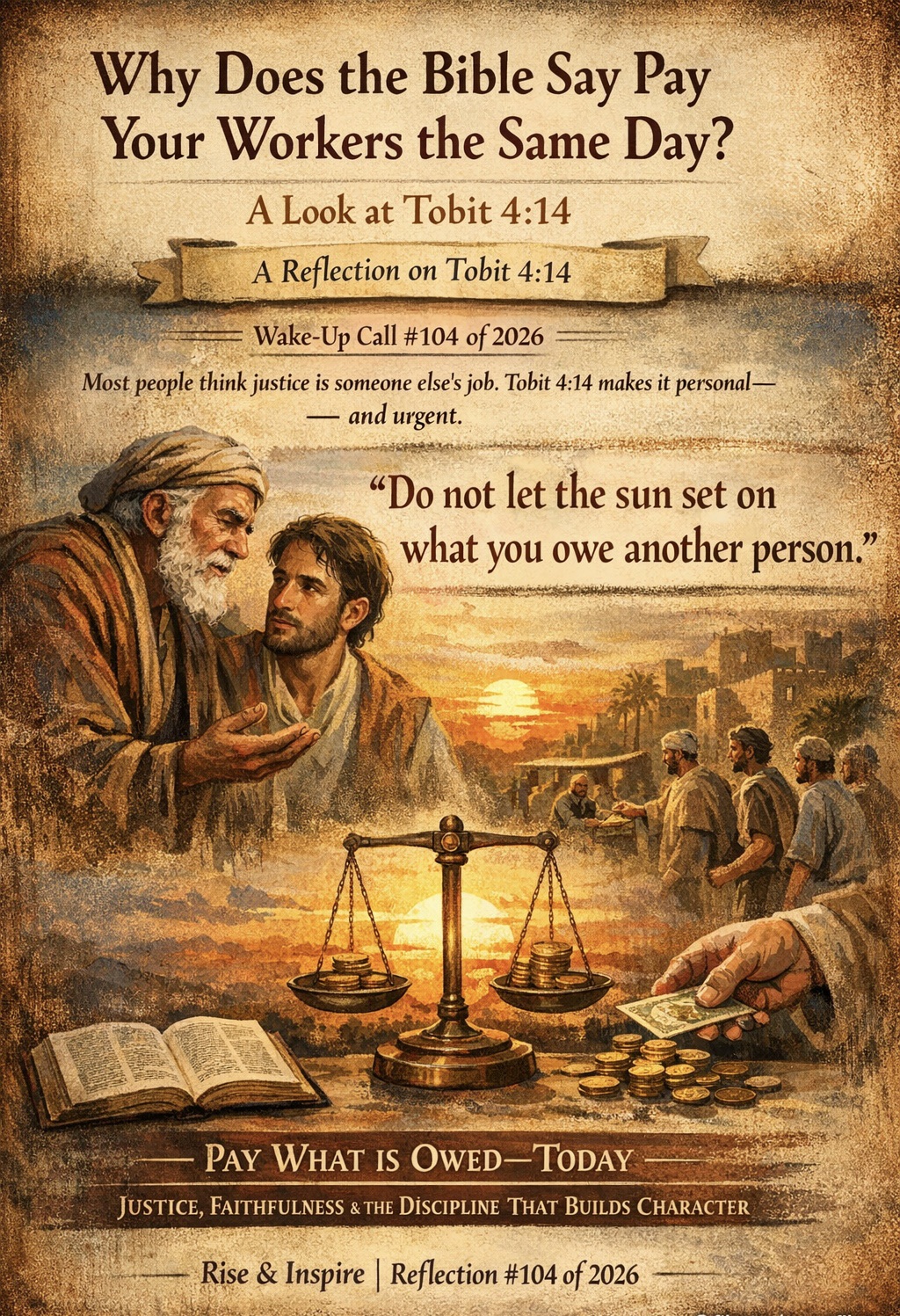 Illustration of Tobit advising his son, workers receiving wages, scales, and a sunset symbolising justice