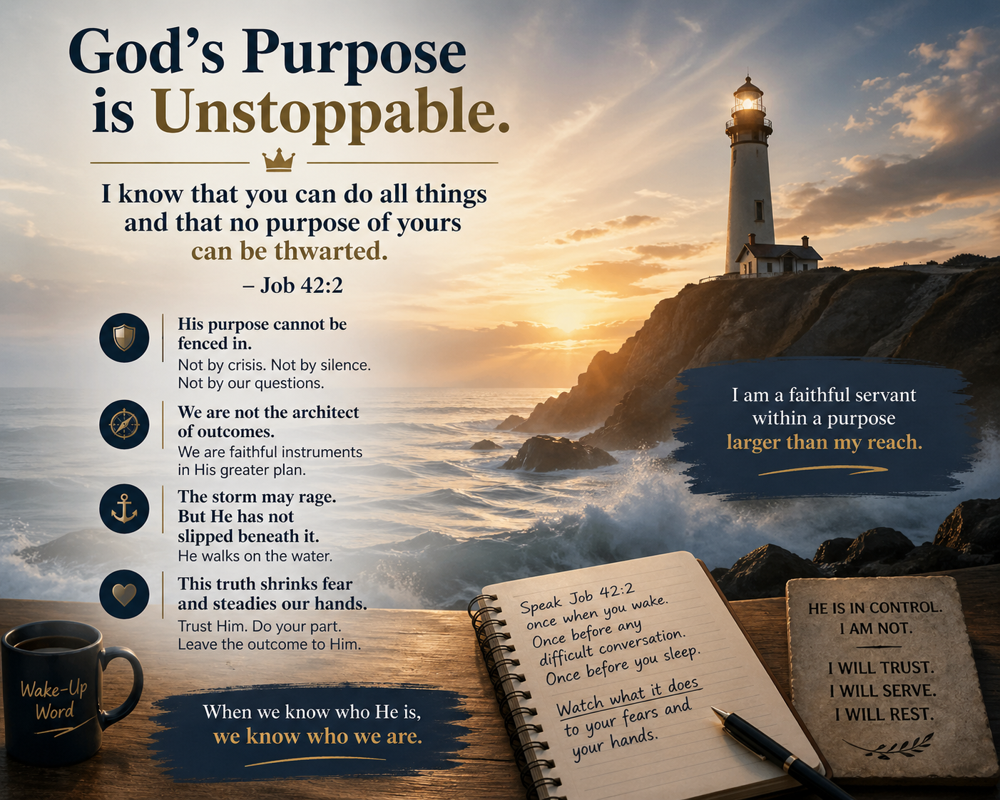 Lighthouse over stormy sea at sunrise with Job 42:2, symbolising faith in God’s unstoppable purpose.