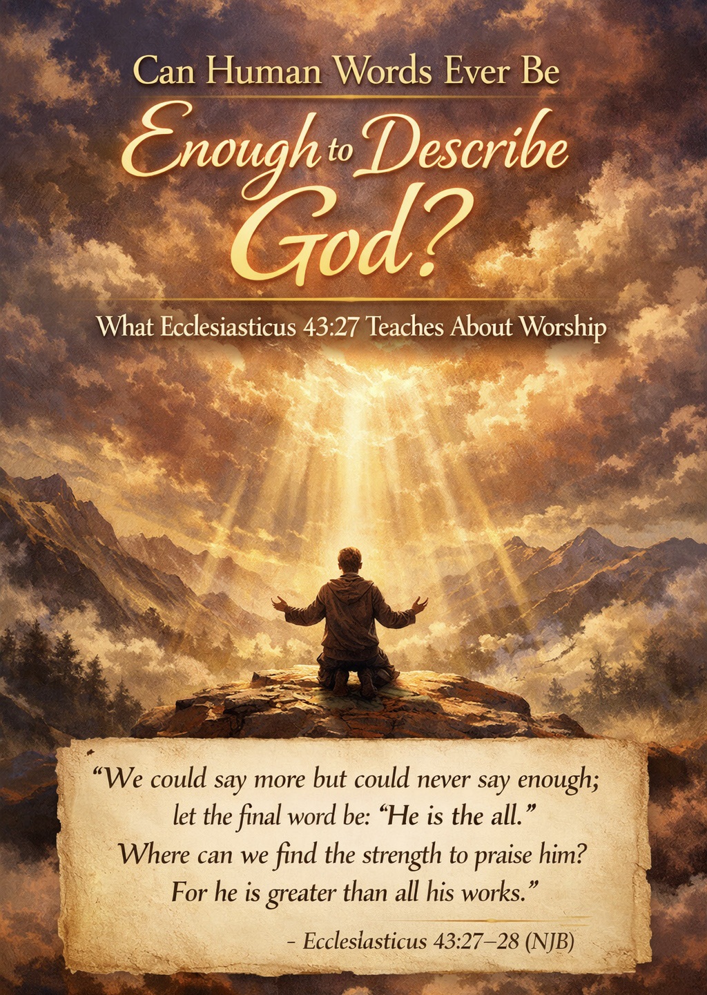 Man kneels on a mountain under radiant light, symbolising silent worship and God beyond words