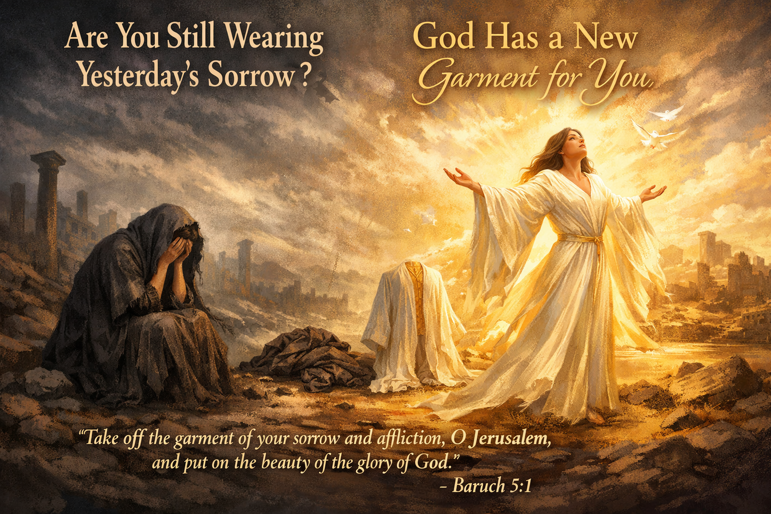Woman in ruins removes dark garment and rises in radiant robe, symbolizing Baruch 5:1 spiritual renewal.
