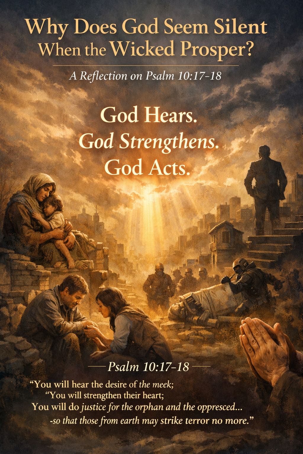 Illustration of suffering people, prayer, and divine light symbolising Psalm 10:17–18 and God’s justice