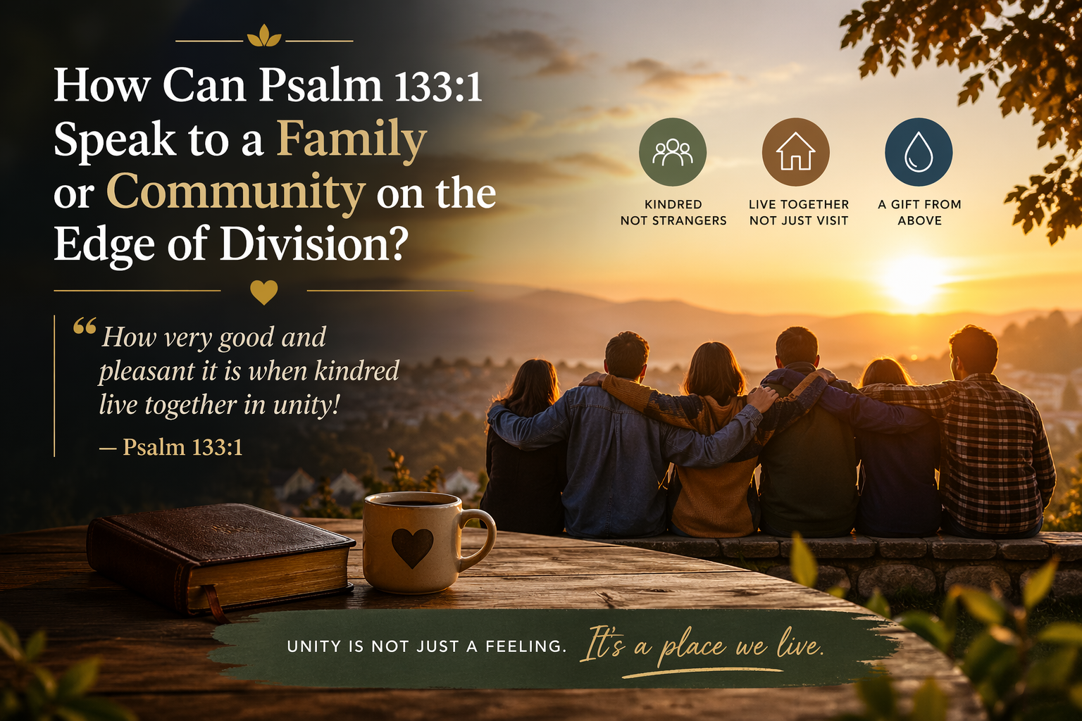 Group of people sitting together at sunrise, symbolizing unity, with Psalm 133:1 quote and faith elements