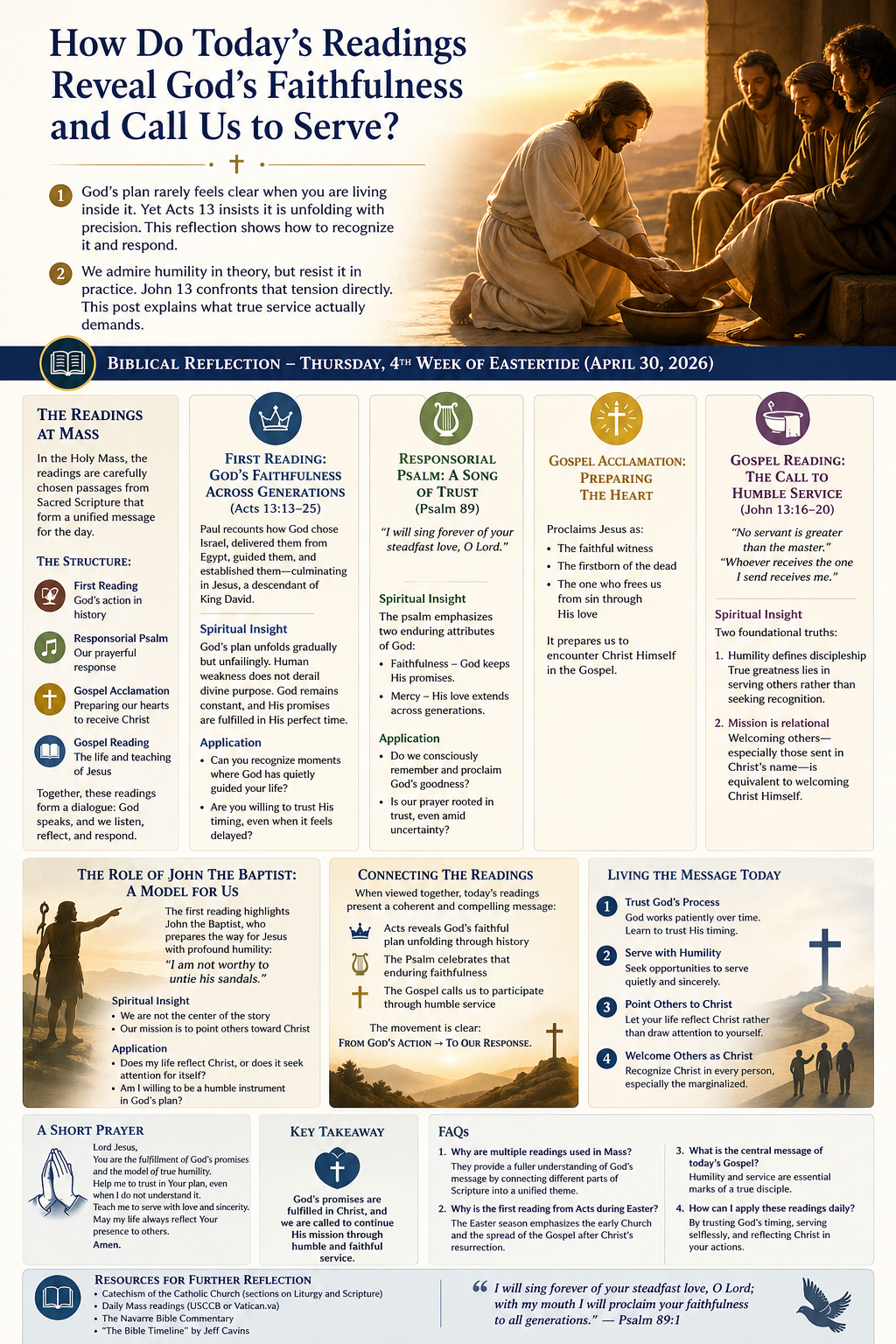 Infographic of Jesus washing feet with themes of Acts 13 and John 13 on faithfulness and service.