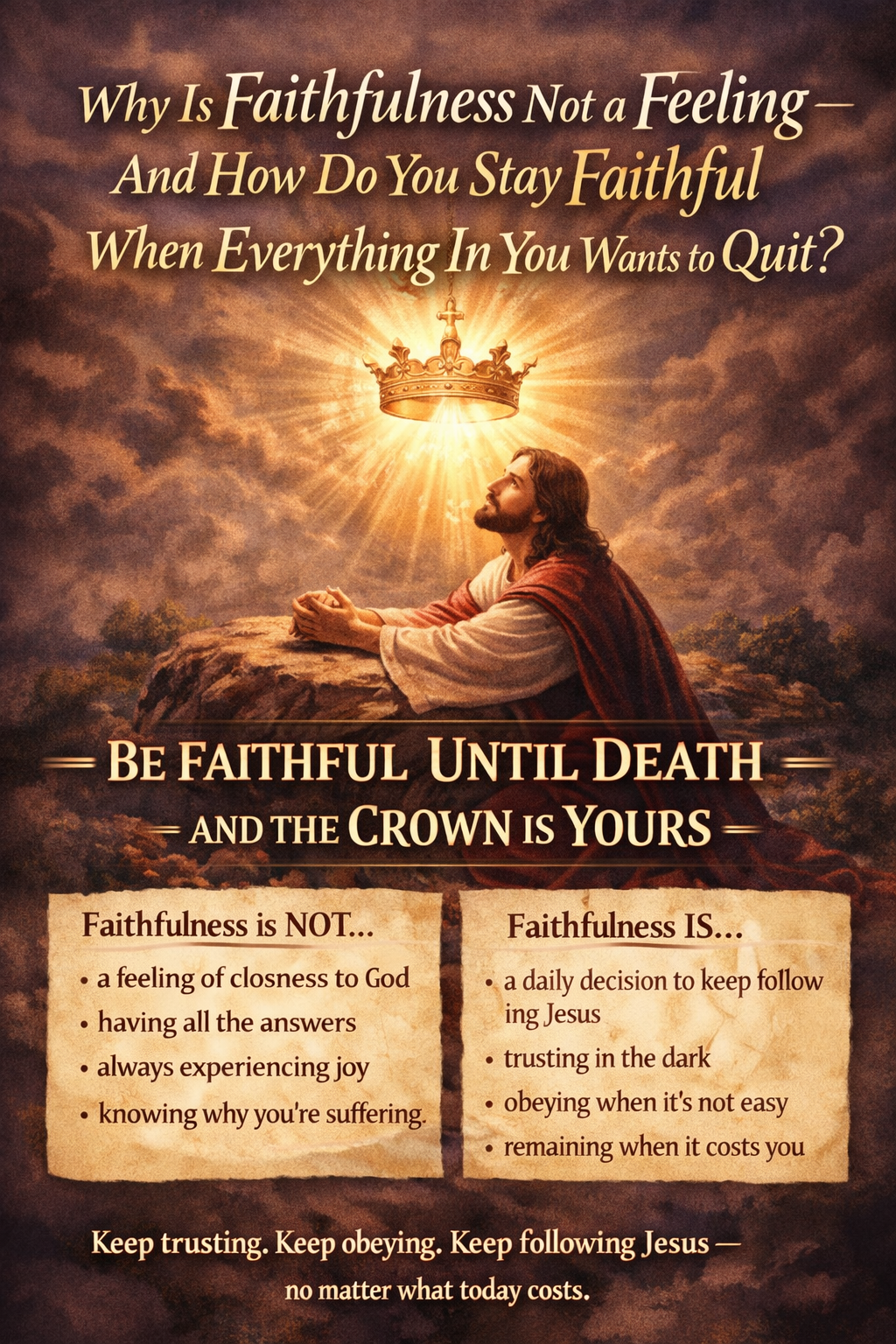 Jesus praying beneath a glowing crown, symbolising endurance and faithfulness from Revelation 2:10