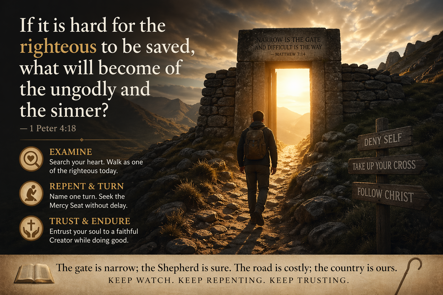 Man walking toward a glowing narrow gate on a rocky path with 1 Peter 4:18 and faith reflections.