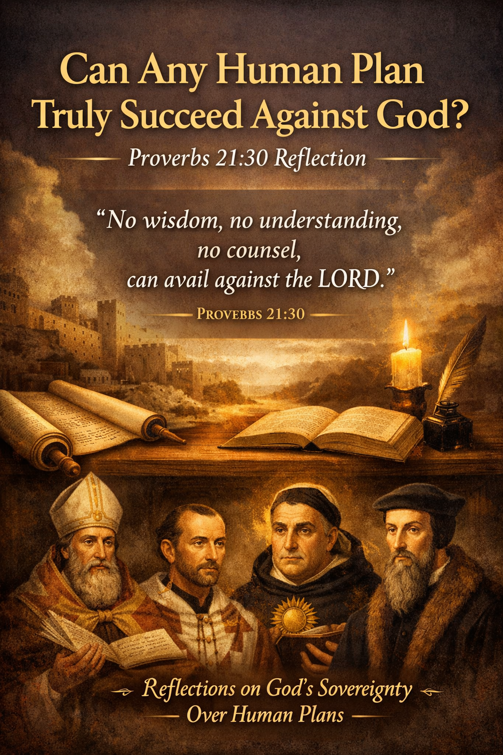 Artwork of Proverbs 21:30 with theologians, scrolls, and candlelight symbolising divine sovereignty