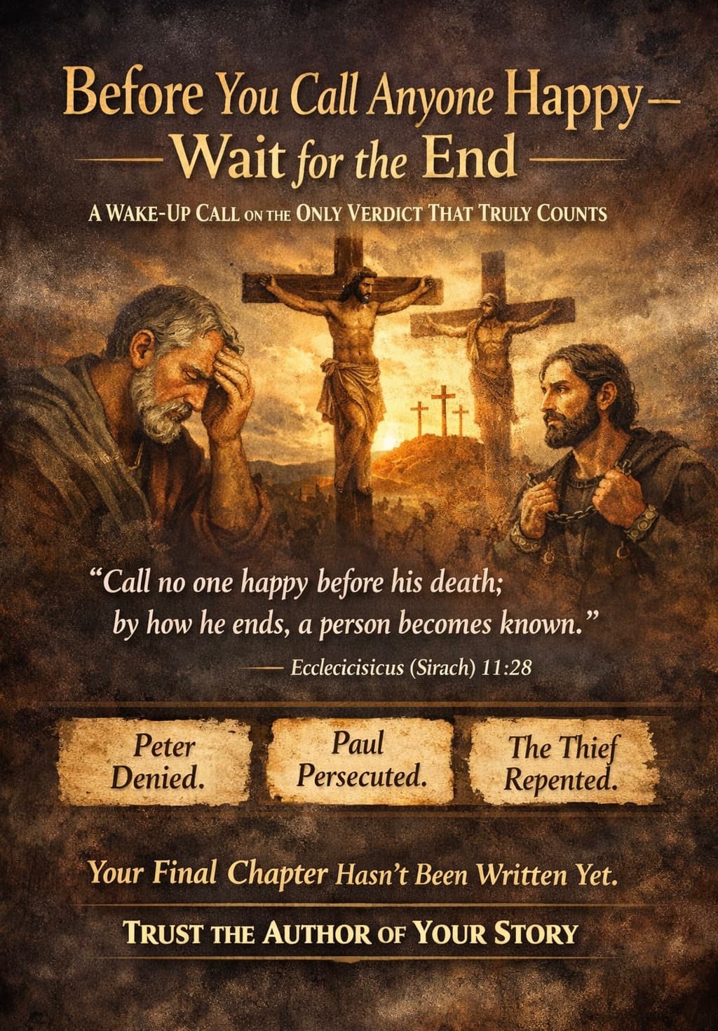 Illustration of Jesus on the cross with Peter, Paul, and the repentant thief, highlighting Sirach 11:28 message.