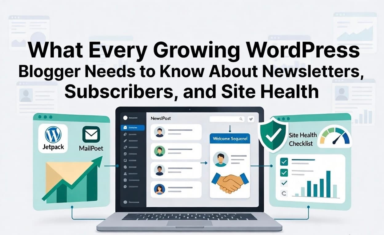 Featured image showing a WordPress laptop with panels on newsletter strategy, subscriber onboarding, and site health for bloggers.