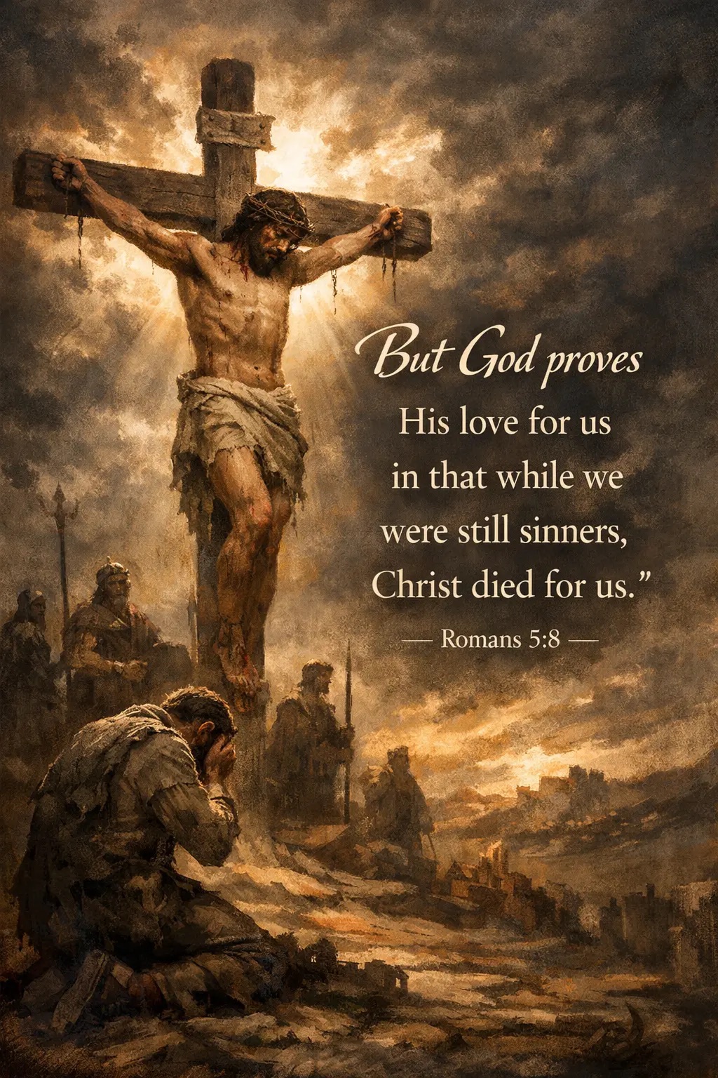 Crucifixion scene with Jesus on the cross and a kneeling man, representing Romans 5:8 and God’s love.