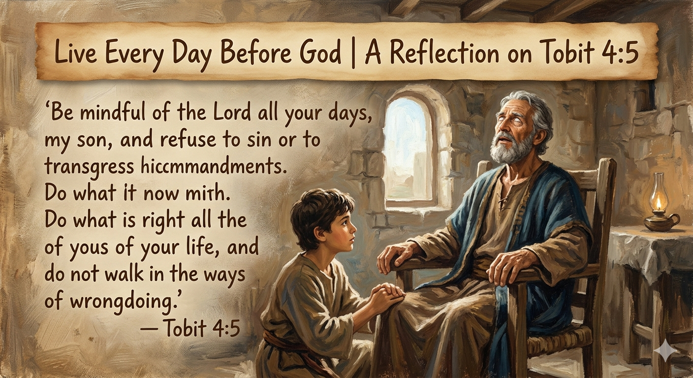 Painting of blind Tobit instructing his son, with the Bible verse Tobit 4:5 on living before God.