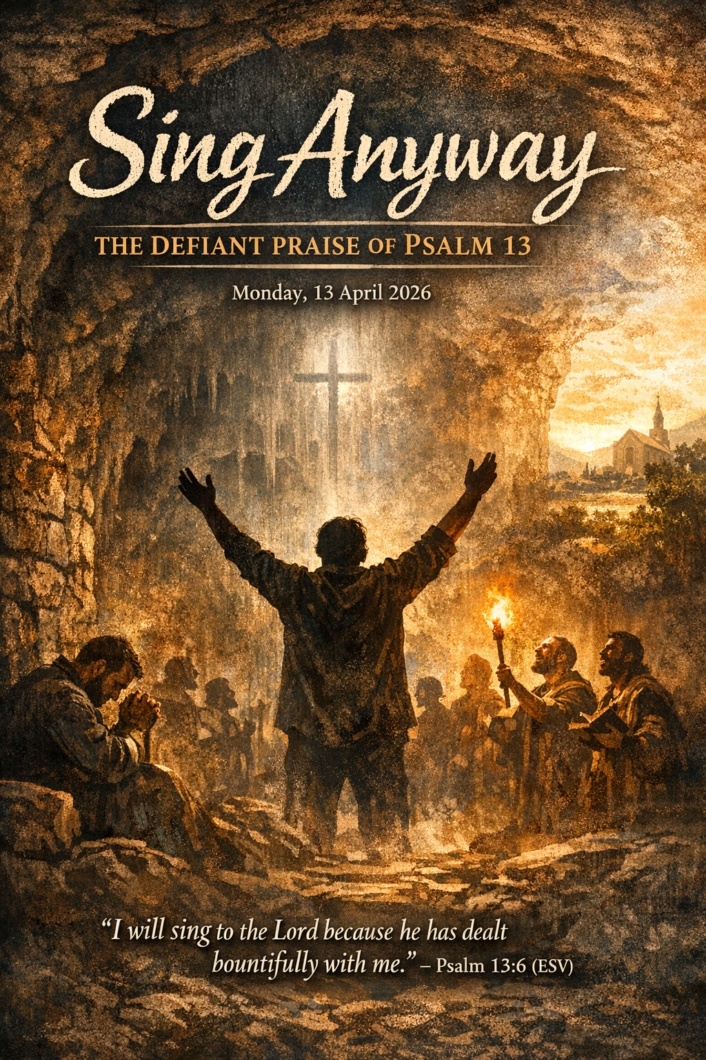 Silhouetted figure worships in light amid prison and catacomb scenes, symbolising praise during suffering.