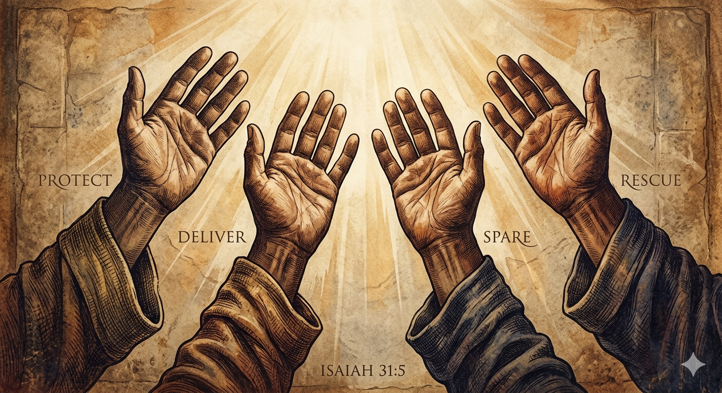 Four lifted, open hands in a classic engraving style receive light, with words PROTECT, DELIVER, SPARE, RESCUE.