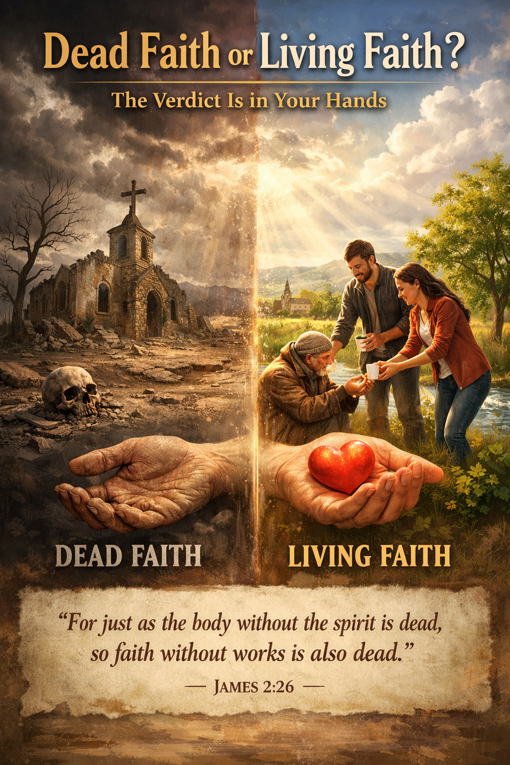 Split image showing dead faith’s decay and living faith’s compassion inspired by James 2:26.